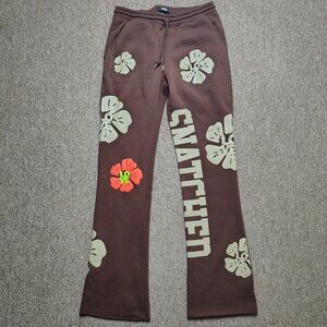 SWITCH Sweatpants Adult L Brown Relaxed Fit Fleece Love Flowers Print Cozy